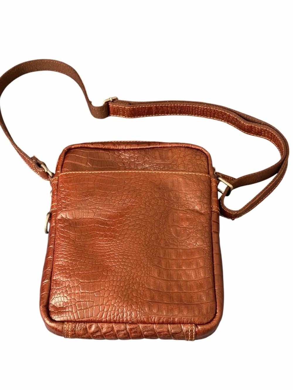 Jack Georges Genuine Leather Croc Embossed Messenger Crossbody/Sling Bag Brown